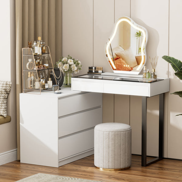 Corner Makeup Vanity Desk with Mirror and Lights