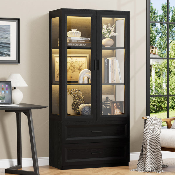 67" Display Cabinet with LED Lights, Curio Storage Cabinet with Acrylic Doors & 2 Drawers